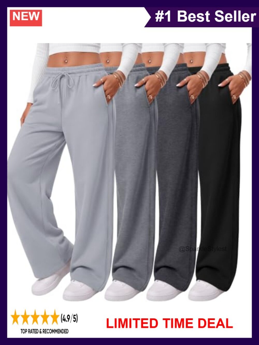 Drawstring Lounge Pants with Pockets 4 Pack Wide Leg High Rise